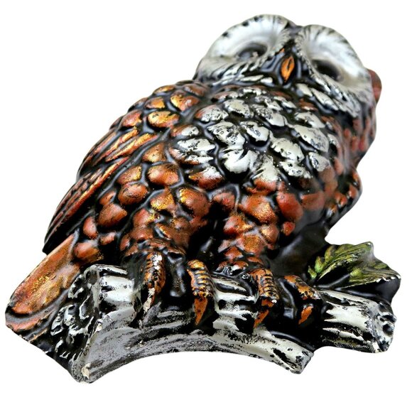 Vintage Chalkware Owl Figurine Rustic Bronze Look 8" - Woodland Cottage Home - Picture 2 of 5